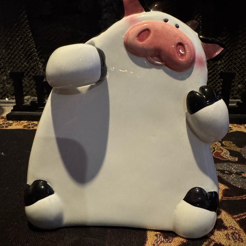 Holstein Cow Coin Bank Ceramic Black White Happy Fun Daisy Glossy